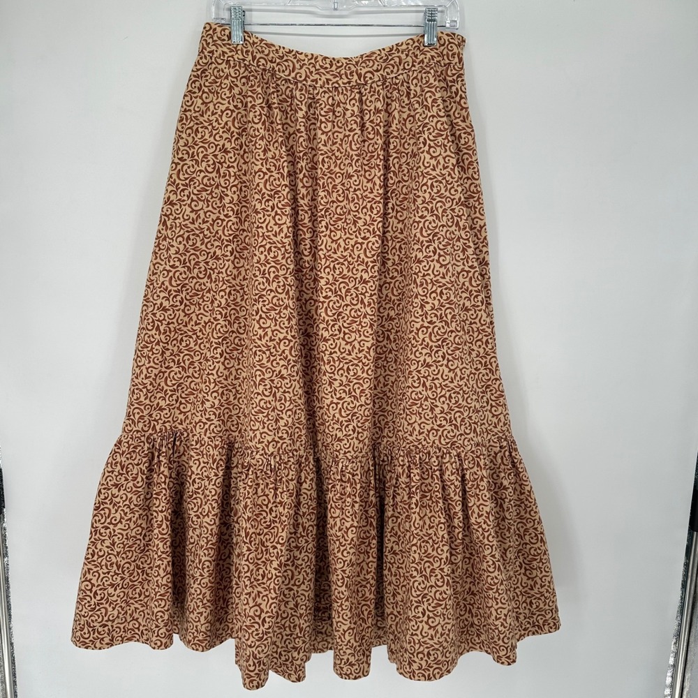 Handmade Brown Scroll Print Tiered Maxi Skirt Ruffle Hem L Cottagecore Costume - Picture 2 of 10